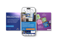 Zwei Personen stehen vor einem großen Smartphone mit Symbolen für Analyse, Nachrichten und Likes, Symbol für digitales Marketing und Social Media.