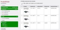 Screenshot des Produktfinders mit stark eingeschränktem Ergebnis, der nur wenige Produkte und deren Spezifikationen anzeigt.