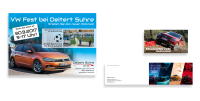 Plakate und Postaussendungen des Autohauses Deitert Suhre in Ibbenbüren mit Einladungen zu VW- und Audi-Events, inklusive Fahrzeugbildern und Veranstaltungsdetails.