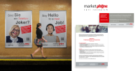 Plakate und Werbematerialien von marketphone call research in Osnabrück zur Personalgewinnung, mit Slogans und Bildern von Bewerbern sowie einem Flyer mit Informationen zu Stellenangeboten.