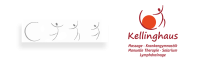 Gezeichnetes Logo für Kellinghaus mit stilisierten Personen und oranger Kreisform. Text daneben zeigt Kellinghaus Massage Krankengymnastik Manuelle Therapie Solarium Lymphdrainage. Beispiel für ein gut erkennbares und individuelles Corporate Design von Wrocklage Werbewerkstatt.