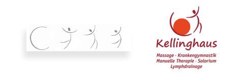 Gezeichnetes Logo für Kellinghaus mit stilisierten Personen und oranger Kreisform. Text daneben zeigt Kellinghaus Massage Krankengymnastik Manuelle Therapie Solarium Lymphdrainage. Beispiel für ein gut erkennbares und individuelles Corporate Design von Wrocklage Werbewerkstatt.