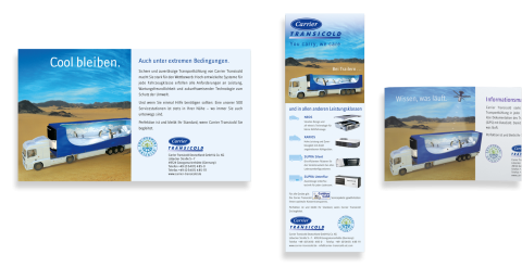 Drei verschiedene Werbemittel für Carrier Transicold in Georgsmarienhütte auf grünem Hintergrund. Zu sehen sind ein LKW mit Kühlauflieger in Wüstenlandschaft, Produktinformationen zu Kühlsystemen und eine Infobroschüre. Beispielhafte Darstellung von Werbekonzepten für Kühltechnik.