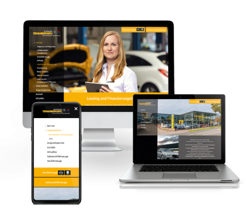 Responsive Website des Autohauses Tenambergen mit großem Bildslider und Fahrzeugsuche, dargestellt auf Smartphone, Desktop und Laptop vor blauem Hintergrund.
