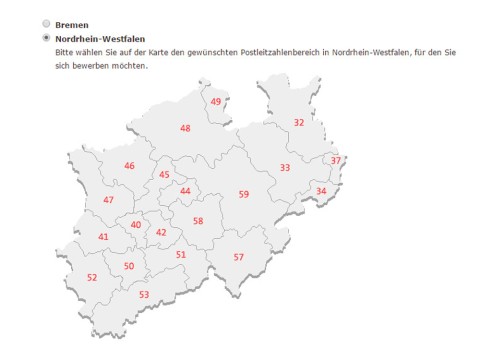 Screenshot einer Deutschlandkarte mit Postleitzahlenregionen, über die Bewerber ihren regionalen Einstieg für die Online-Bewerbung wählen können.