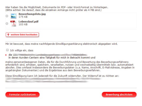 Screenshot des Dokumenten-Uploads im Bewerbungsprozess mit hochgeladenem Bewerbungsfoto und Lebenslauf sowie Hinweisen zur Einwilligungserklärung.