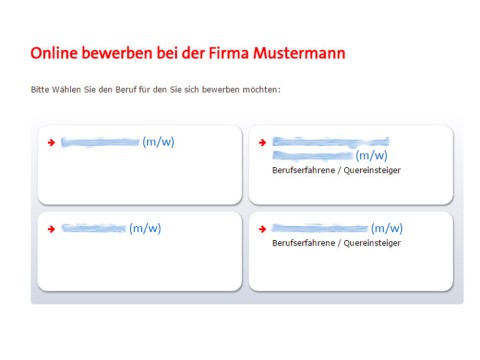 Screenshot des Online-Bewerbungsformulars mit einer Matrix zur Auswahl verschiedener Berufe für die Bewerbung.