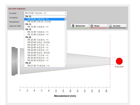 Screenshot eines Messfeldkalkulators mit Dropdown-Liste und grafischer Skizze.