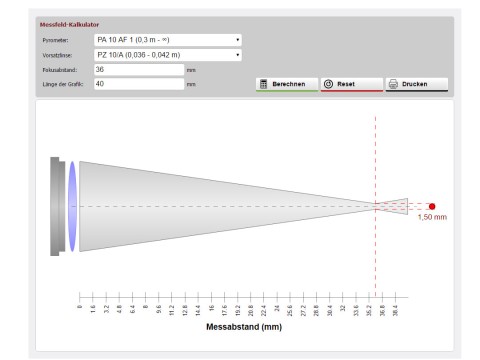 Screenshot eines Messfeldkalkulators mit Parametereingabe und Messfeldskizze.