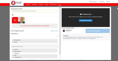 Screenshot eines Webportals zur Eingabe und Freigabe von Visitenkarten-Bestellungen.