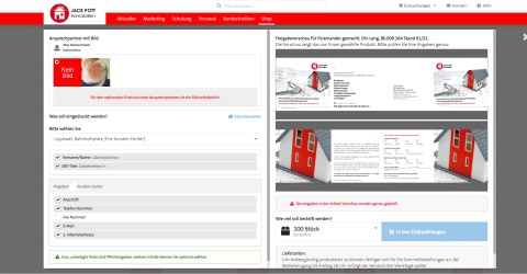 Screenshot des Portals zur Bestellung von Standardflyern mit individuellen Eindrucken.