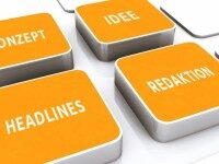 Vier orange Tasten mit den Begriffen Konzept, Idee, Headlines und Redaktion, Symbol für kreative Medienarbeit.