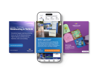 Soziale Medien und digitale Kommunikation. Zwei Personen stehen vor einem großen Smartphone mit Symbolen für Analyse, Nachrichten und Likes, Symbol für digitales Marketing und Social Media.