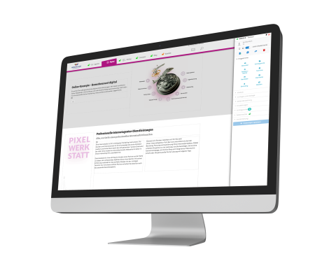 Live-Bearbeitung der Website mit IndiceCMS im Browser. Monitor mit geöffneter Website, die eine Seite mit Texten und Grafiken im Bearbeitungsmodus zeigt.