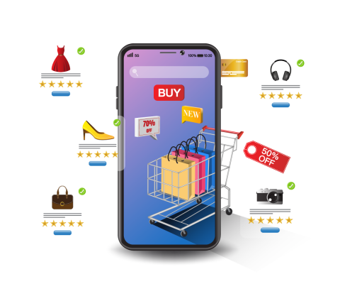 Ihr Shop muss nicht Amazon gleichen. Smartphone mit Einkaufswagen und Produkten, Symbol für mobiles Online-Shopping und Sonderangebote.