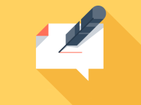 Sprechblase mit Schreibfeder, Symbol für Texten oder Verfassen von Nachrichten.