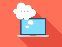 Laptop mit Denkblase, Symbol für Online-Kommunikation oder Chat.