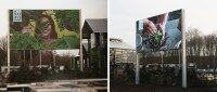 Zwei LED-Displays mit Bildern von Pflanzen und Händen in Erde, Gartenmotiv