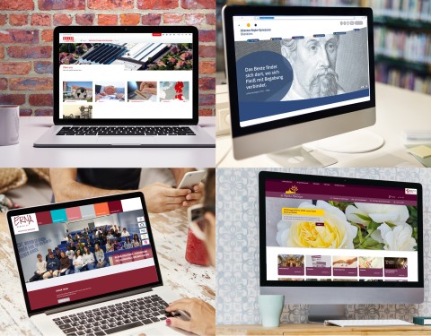 Einstellungen für Barrierefreiheit. Vier Laptops und Monitore mit unterschiedlichen Webseiten auf den Bildschirmen, die Beispiele für Webdesign zeigen.