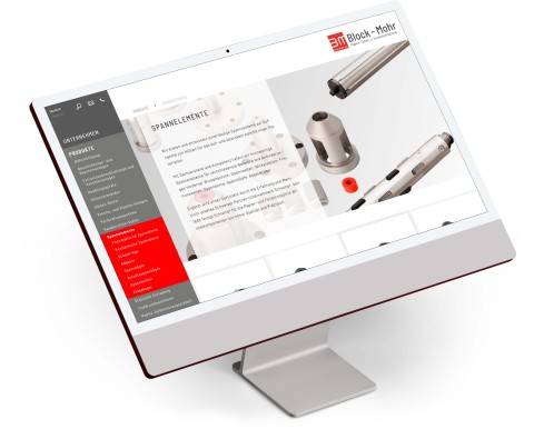 Monitor mit geöffneter Website eines technischen Unternehmens, zeigt Produkte und Kategorien im Online-Katalog.