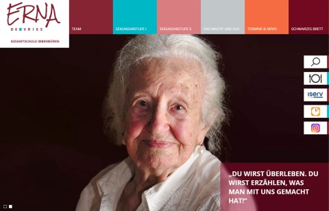 Erna de Vries auf der neuen Schulhomepage – Bildslider mit Zitat zur Erinnerungskultur und zentralem Zugang zu wichtigen Funktionen