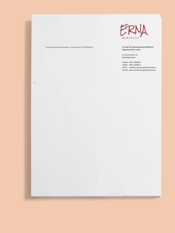 Briefpapier im Corporate Design der Erna-de-Vries-Gesamtschule – entwickelt von der Werbewerkstatt Wrocklage Briefpapier mit Logo und Schulinformationen im neuen Corporate Design der Erna-de-Vries-Gesamtschule – Gestaltung durch die Werbewerkstatt Wrocklage