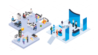 Illustration von Messedisplays und Büroarbeitsplätzen für moderne Unternehmenspräsentationen