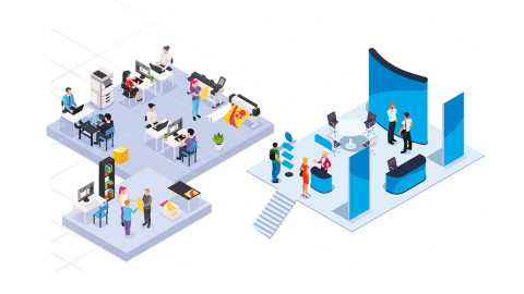 Messedisplay für professionelle Präsentationen auf Messen und Events Illustration von Messedisplays und Büroarbeitsplätzen für moderne Unternehmenspräsentationen