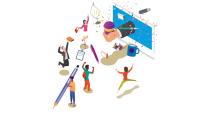 Illustration von Menschen, die kreative Werbeartikel wie Stifte, Blöcke und Tassen gestalten – Symbol für individuelle Werbemittel