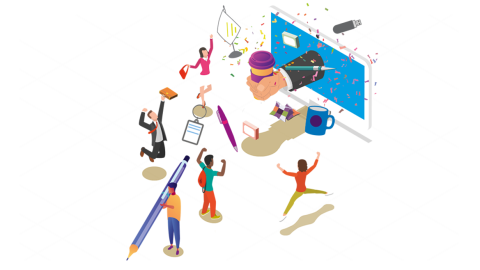 Werbeartikel gestalten und individuell bedrucken lassen Illustration von Menschen, die kreative Werbeartikel wie Stifte, Blöcke und Tassen gestalten – Symbol für individuelle Werbemittel