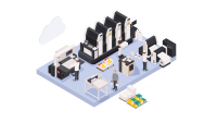 Illustration einer Druckerei mit Maschinen, Menschen und Druckmaterialien