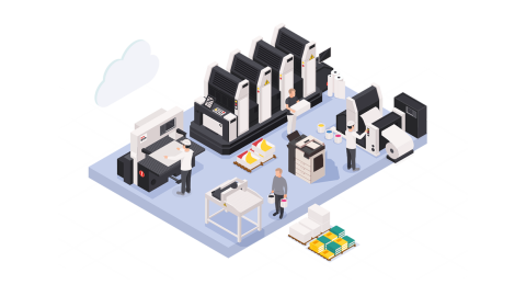 Illustration einer Druckerei bei der Arbeit Illustration einer Druckerei mit Maschinen, Menschen und Druckmaterialien