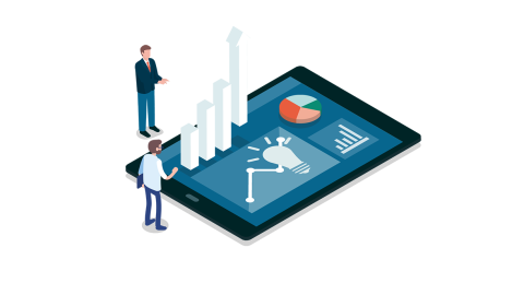Zwei Personen schauen auf ein Tablet, auf dem ein wachsender Graph zu sehen ist