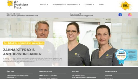 Neue Webseite für die Zahnarztpraxis Sander in Laggenbeck – modern, informativ und benutzerfreundlich umgesetzt von der Werbewerkstatt Wrocklage Screenshot der neuen Webseite der Zahnarztpraxis Ann-Kristin Sander in Laggenbeck mit Teamfoto – Gestaltung durch die Werbewerkstatt Wrocklage