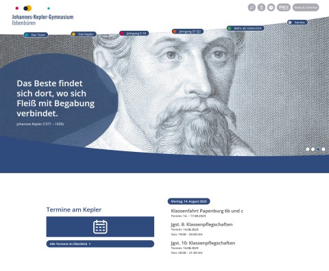 Neuer Webauftritt für das Johannes-Kepler-Gymnasium – modernes Design und klare Struktur von Werbewerkstatt Wrocklage Screenshot der neuen Website des Johannes-Kepler-Gymnasiums mit modernem Design, aktueller Terminübersicht und Bild von Johannes Kepler – gestaltet von der Werbewerkstatt Wrocklage
