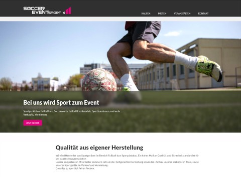 Screenshot der neugestalteten Website von Soccer Eventsport aus Recke mit Fokus auf Fußballplatzbau, Mietsysteme und Eventlösungen