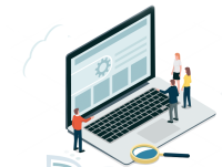 Menschen analysieren eine große Website auf einem Laptopbildschirm. Illustration von mehreren Personen, die auf einem überdimensionalen Laptop stehen und eine Webseite mit Suchmaschinenelementen untersuchen.