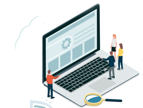 Illustration von mehreren Personen, die auf einem überdimensionalen Laptop stehen und eine Webseite mit Suchmaschinenelementen untersuchen.