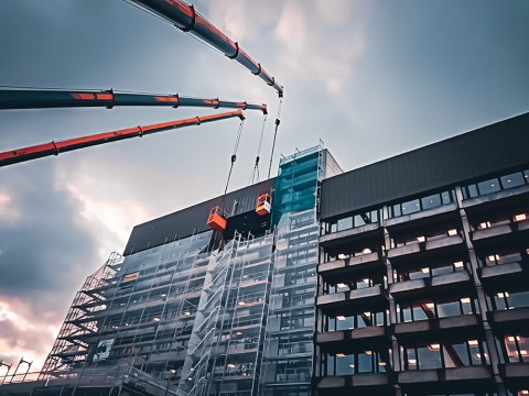 Montage der LED Outdoor Displays an der Piepenbrock Zentrale mit Kranunterstützung Kran hebt LED Modul zur Montage an der Piepenbrock Firmenzentrale in Osnabrück