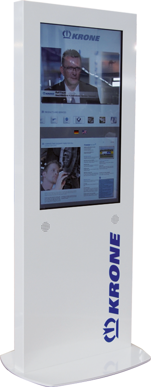 Digitaler Infoterminal für Krone. Weiße digitale Stele mit großem Bildschirm und Krone-Logo.