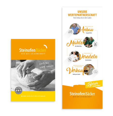 Werbematerialien für Steinofen Bäcker. Prospektblatt und Banner des Steinofenbäckers in Ibbenbüren.