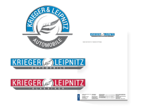 Logos und Briefpapier der Marke „Krieger & Leipnitz Automobile“ in Blau und Rot.