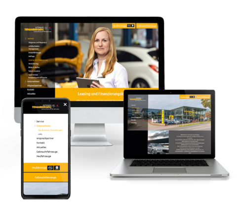 Responsive Website auf Smartphone, Laptop und Desktop. Darstellung einer Website auf Desktop, Laptop und Smartphone mit gelbem Design und Autohaus-Thema.