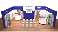Komplette Messestandplanung für Sanafactur im Bereich Medizinprodukte. Messestand mit blauen Wänden und Holzfußboden, Präsentationsflächen für SanaFactur und Silverlon, Stuhlreihen und Theken zur Kundenberatung.