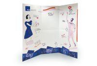 Ratz-Fatz Messestand des Verband Deutscher Unternehmerinnen mit illustrativem Design und Frauenmotiven. Gebogener Ratz-Fatz Messestand mit Illustrationen von Frauen, Symbolen und Texten zum Thema Frauen und Leadership, Branche Wirtschaftsverband.