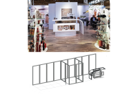 Messestand beMatrix mit Produktpräsentation und 3D-Planungsmodell. Weißer Messestand beMatrix mit Produktdisplays von Peugeot und darunter 3D-Modell des Messestands mit Trennwänden und Theke.