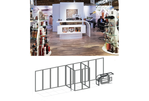 Weißer Messestand beMatrix mit Produktdisplays von Peugeot und darunter 3D-Modell des Messestands mit Trennwänden und Theke.