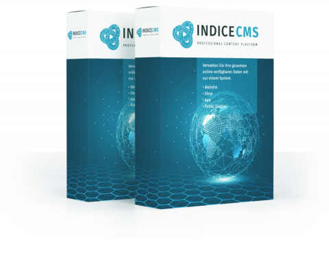 IndiceCMS Softwareboxen zentrale Plattform für digitales Schwarzes Brett. Zwei Verpackungen der IndiceCMS Software mit Weltkugel und hexagonalem Muster, symbolisieren globale digitale Inhaltsverwaltung.