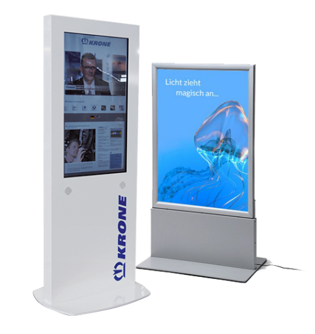 Digitale Stelen von Krone und Wrocklage Werbewerkstatt für moderne Digital Signage Lösungen. Zwei Digital Signage Displays auf lila Hintergrund, links interaktive Infostele von Krone, rechts Werbedisplay mit blauem Motiv.