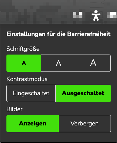 Bildschirmfoto eines Barrierefreiheitsmenüs mit Optionen für Schriftgröße, Kontrastmodus und Anzeige von Bildern.